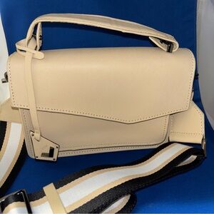 Botkier Cobble Hill Leather Crossbody Purse Latte Wide Black White Strap